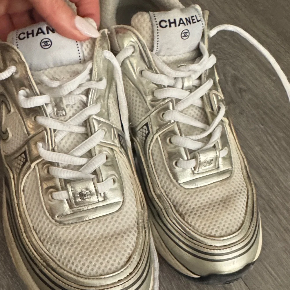 CHANEL White and Silver Mesh Logo Sneakers